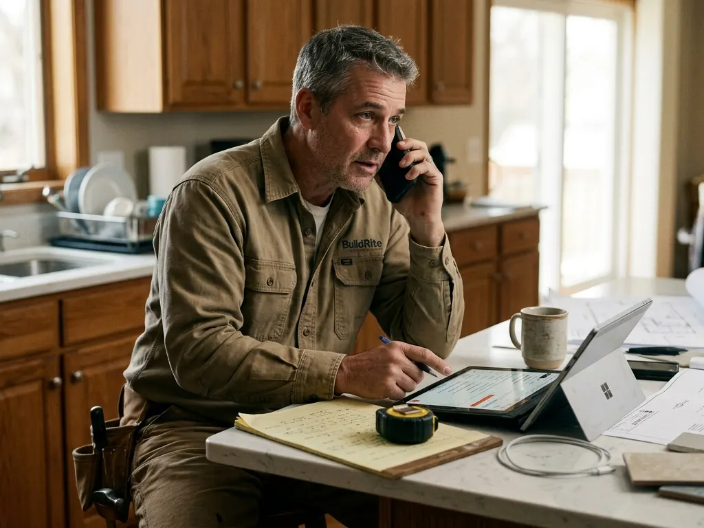 Tradesperson on the phone at a kitchen bench with a tablet and rolled-up plans beside him