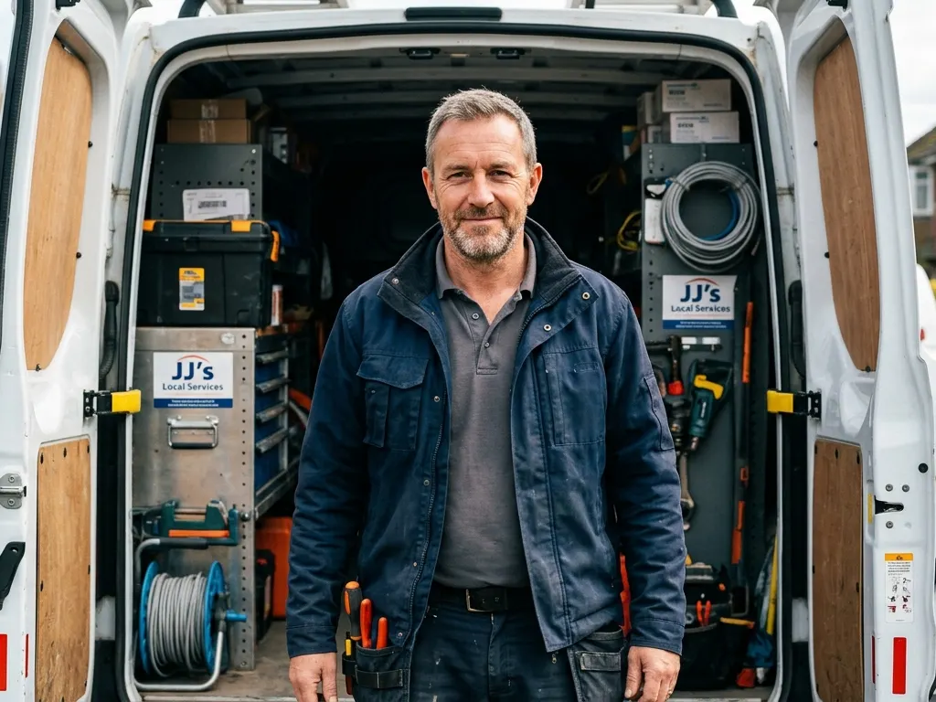 Smiling tradesperson in front of his open work van, tools packed inside